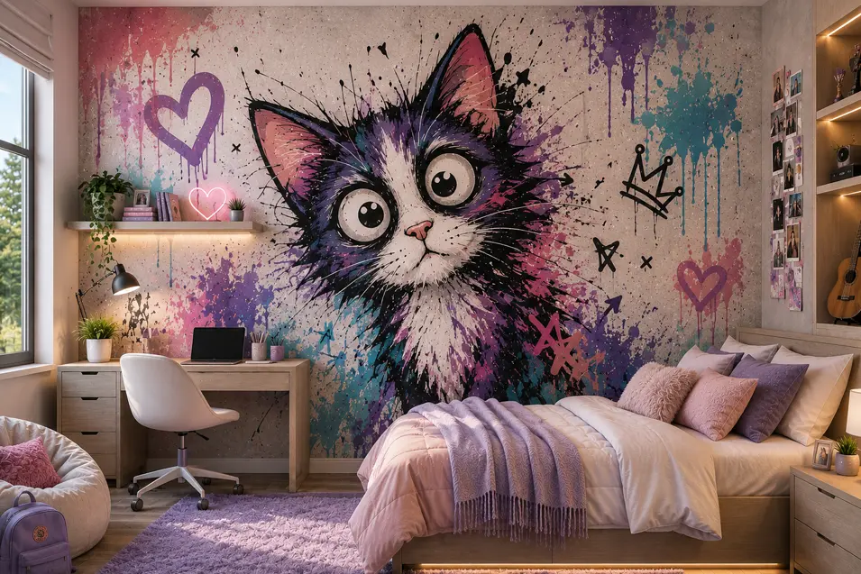 Graffiti-style kitten mural brightens a modern teen girl's bedroom with playful street art, pastel colors, cozy décor, and a fun, creative atmosphere.