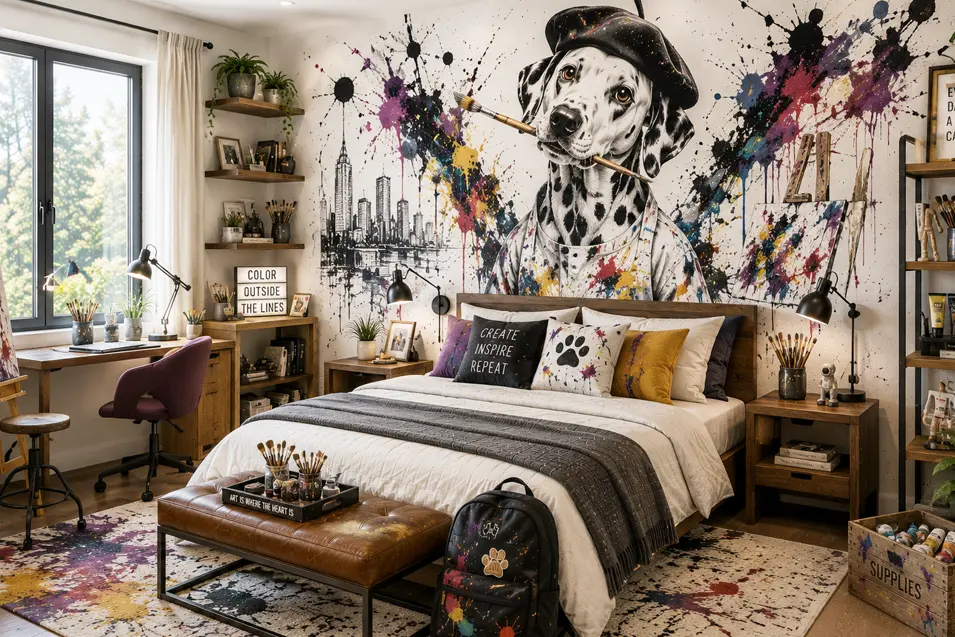 Graffiti-style Dalmatian artist mural transforms a creative teen bedroom with colorful paint splashes, art studio décor, and an inspiring, imaginative atmosphere.