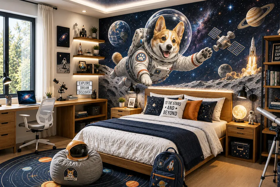 Astronaut Corgi mural transforms a space-themed teen bedroom with planets, rockets, and colorful galaxy artwork, inspiring imagination, adventure, and exploration.