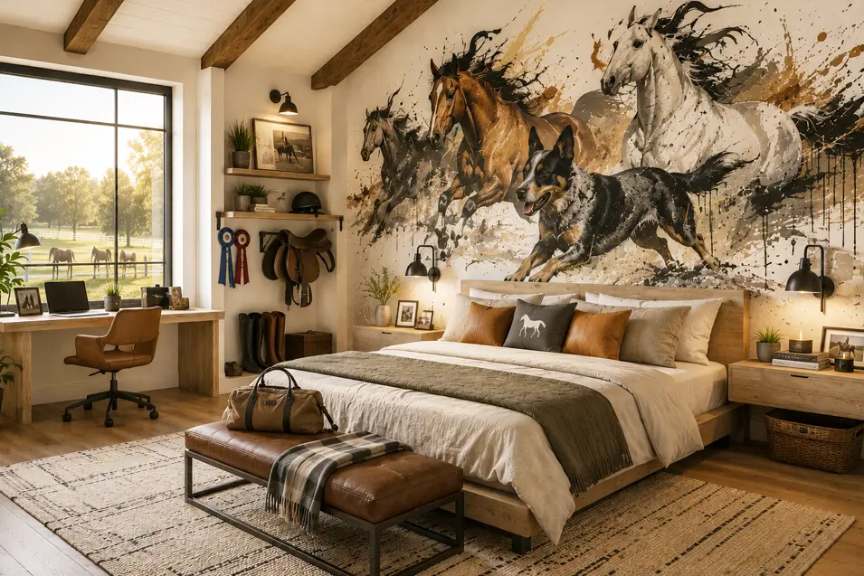 Graffiti-style Australian Cattle Dog mural captures the spirit of horseback riding in a warm equestrian bedroom with rustic charm, horses, and modern farmhouse style.