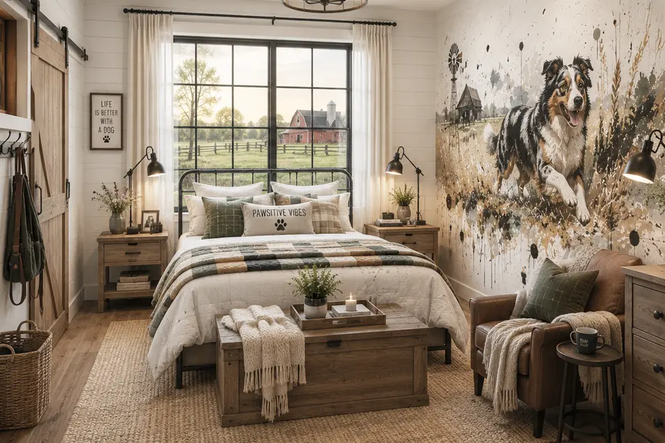 Rustic farmhouse bedroom featuring an Australian Shepherd mural, warm wood furnishings, cozy textures, and peaceful country views inspired by rural living.