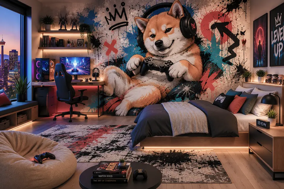 Graffiti-style Shiba Inu gaming mural transforms a modern teen bedroom with vibrant street art, neon accents, and a playful gaming-inspired atmosphere.