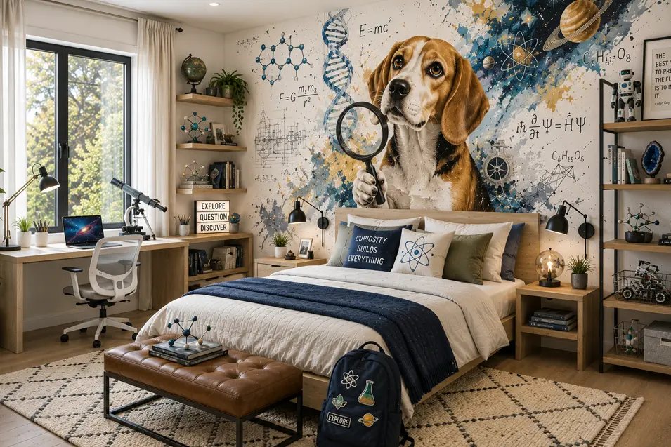 Graffiti-style Beagle mural inspires curiosity in a science-themed teen bedroom, blending astronomy, chemistry, and STEM décor with colorful street art.