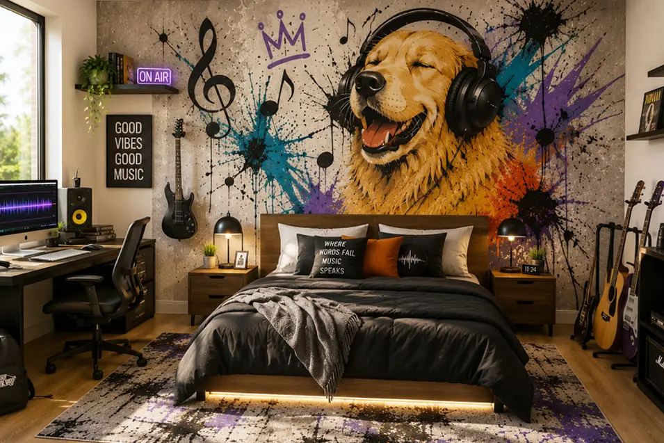 Graffiti-style Golden Retriever mural fills a music-themed teen bedroom with colorful street art, guitars, studio décor, and a fun, creative atmosphere.