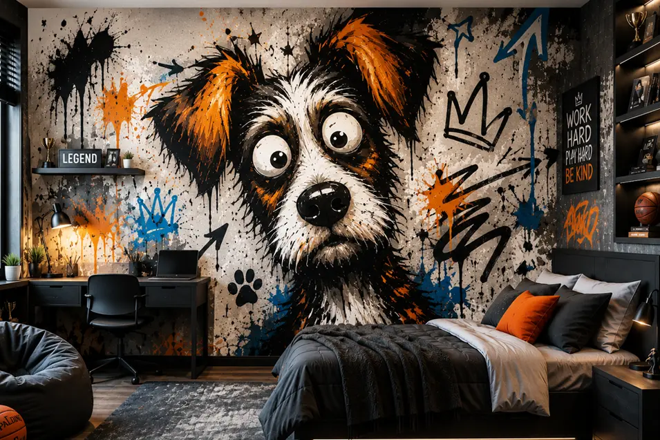 Graffiti-style mixed-breed dog mural transforms a modern teen bedroom with bold street art, black, orange, and blue accents, creating a playful, creative retreat.