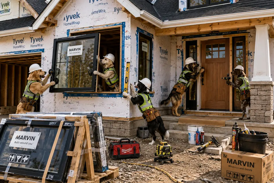 Construction dogs install energy-efficient windows and a front entry door on The Maple, sealing the home against the elements as the exterior takes shape.