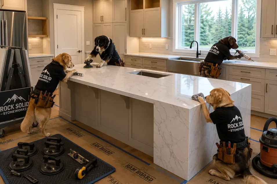 Construction dogs install and finish custom quartz countertops in The Maple, carefully polishing, sealing, and caulking each surface for a flawless kitchen finish.