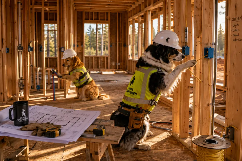 Construction dogs complete the electrical rough-in for The Maple, carefully installing wiring, outlet boxes, and switches before insulation and drywall begin.