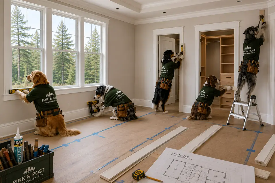 Construction dogs install trim, baseboards, crown moulding, and interior doors throughout The Maple, adding the fine details that complete the home's elegant finish.