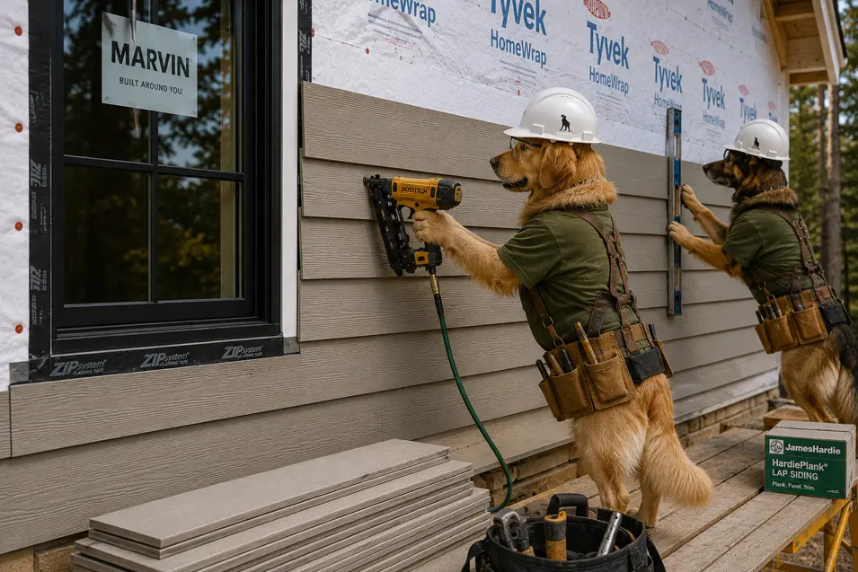 Construction dogs install durable fiber cement siding on The Maple, carefully leveling and fastening each panel to create a beautiful, weather-resistant exterior.
