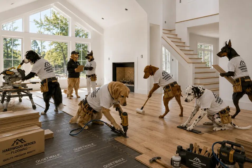 Construction dogs install beautiful hardwood flooring throughout The Maple, carefully laying, fastening, and finishing each plank as the home nears completion.