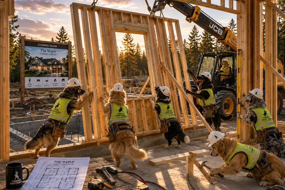 Construction dogs raise a framed exterior wall for The Maple as a telehandler lifts it into place, marking another milestone in this realistic canine-built home.