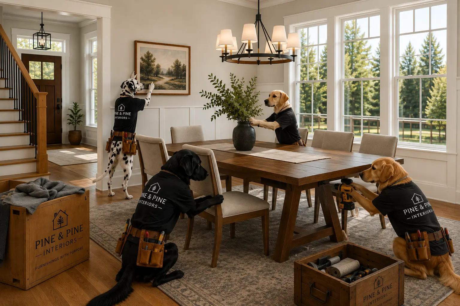 Construction dogs furnish and style The Maple, carefully placing furniture, artwork, and décor to transform the newly built house into a warm, welcoming home.