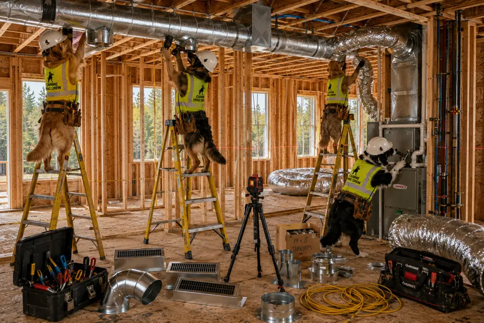 Construction dogs install the HVAC system in The Maple, fitting ductwork, vents, and the furnace to ensure efficient heating and cooling throughout the home.