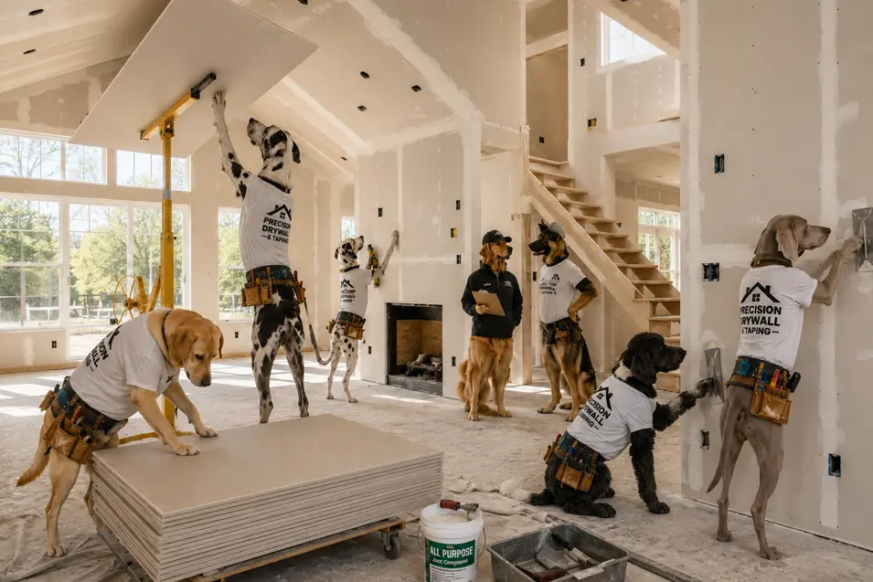 Construction dogs hang, tape, and finish drywall inside The Maple, transforming the framed interior into bright, defined living spaces ready for paint and trim.