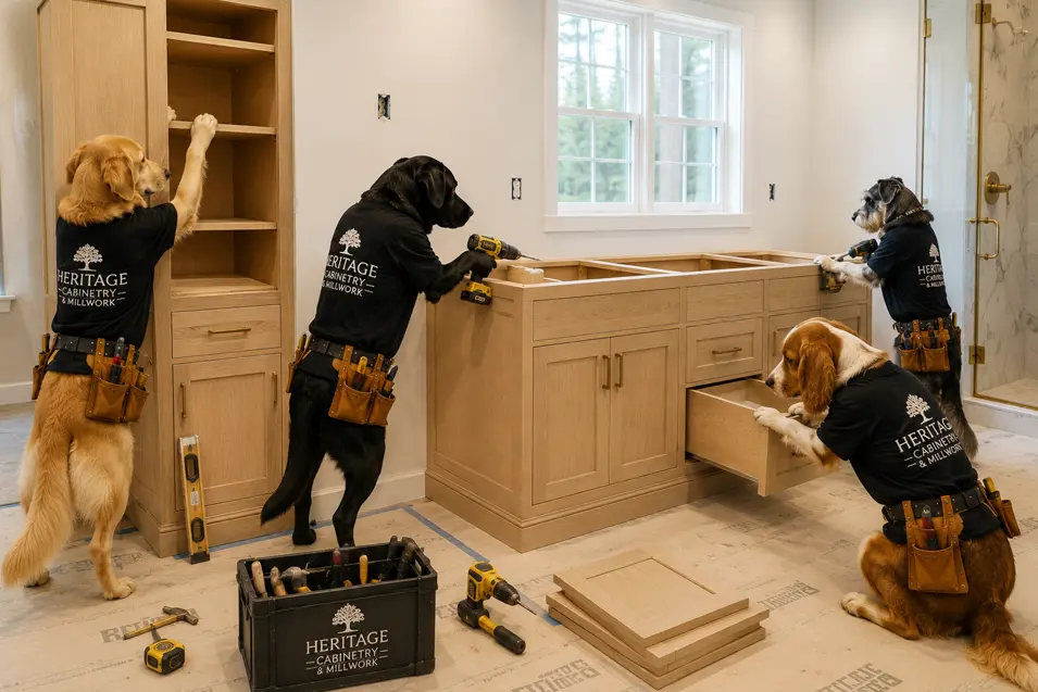 Construction dogs install custom cabinetry and millwork in The Maple, carefully fitting cabinets, drawers, and built-ins as the home's interior comes to life.