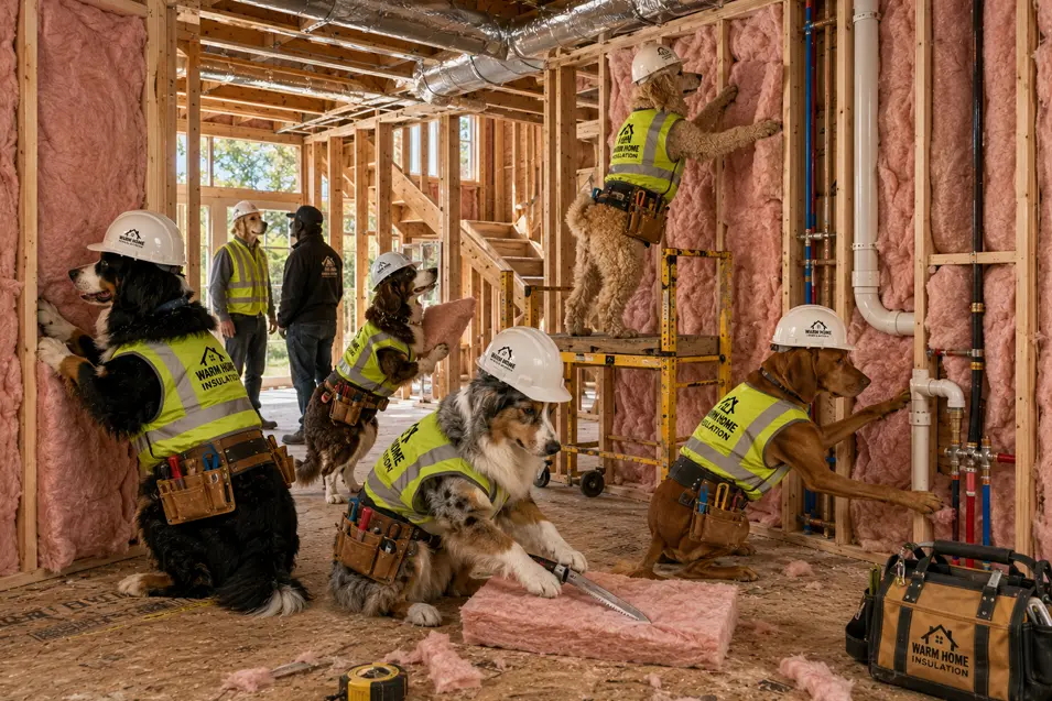 Construction dogs install insulation throughout The Maple, fitting fiberglass batts between wall studs to improve comfort, energy efficiency, and year-round performance.