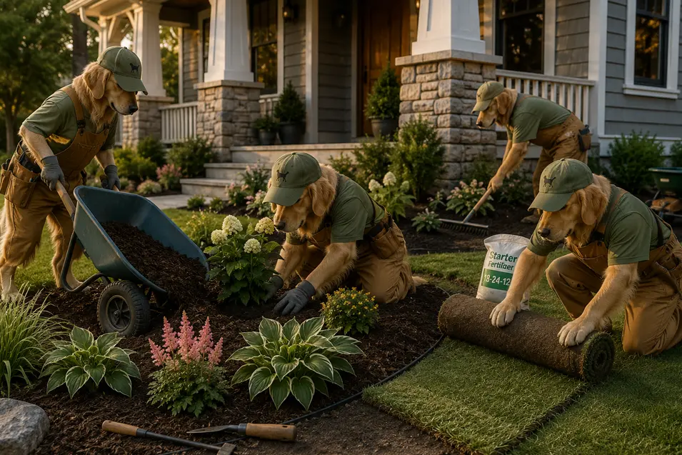 Construction dogs complete the landscaping around The Maple, planting gardens, spreading mulch, and laying fresh sod to give the new home its finished curb appeal.