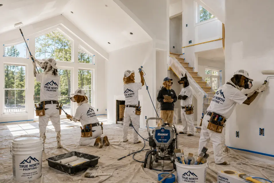 Construction dogs paint the interior of The Maple, applying the finishing coats that transform the house into a bright, welcoming home ready for trim and flooring.