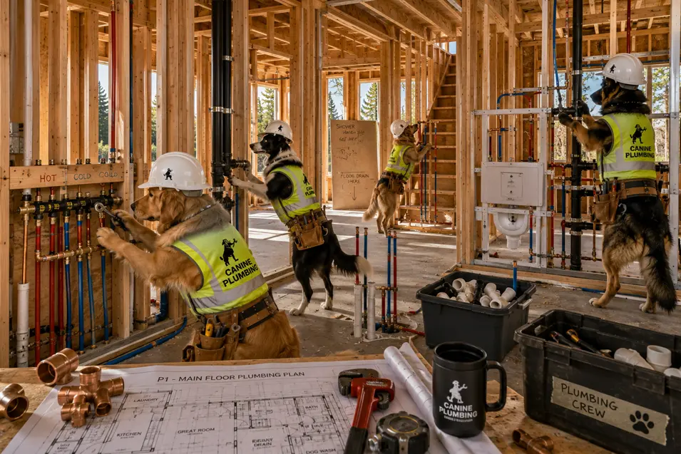 Construction dogs complete the plumbing rough-in for The Maple, installing water supply lines, drain pipes, and fixtures before insulation and drywall are added.