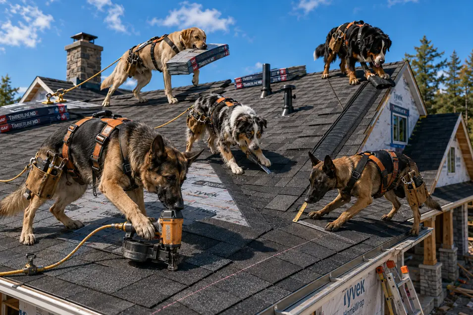 Roofing dogs install architectural shingles on The Maple, carefully measuring, aligning, and fastening each row to create a durable, weatherproof roof.
