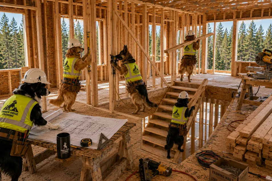 Construction dogs frame interior walls and stair openings inside The Maple, carefully following blueprints as the home's structure begins to take shape.