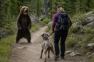 A woman hiking with her Weimaraner freezes as a bear stands upright on the trail, baring its teeth in a clear warning to stay away.