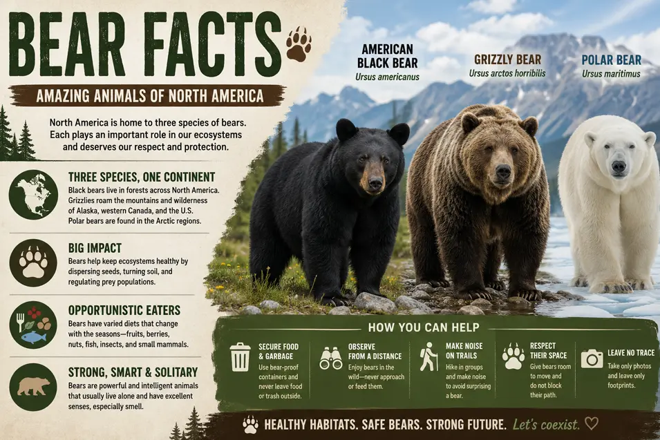 Educational infographic comparing North America's black, grizzly, and polar bears with facts about habitats, diets, behavior, and bear safety tips.