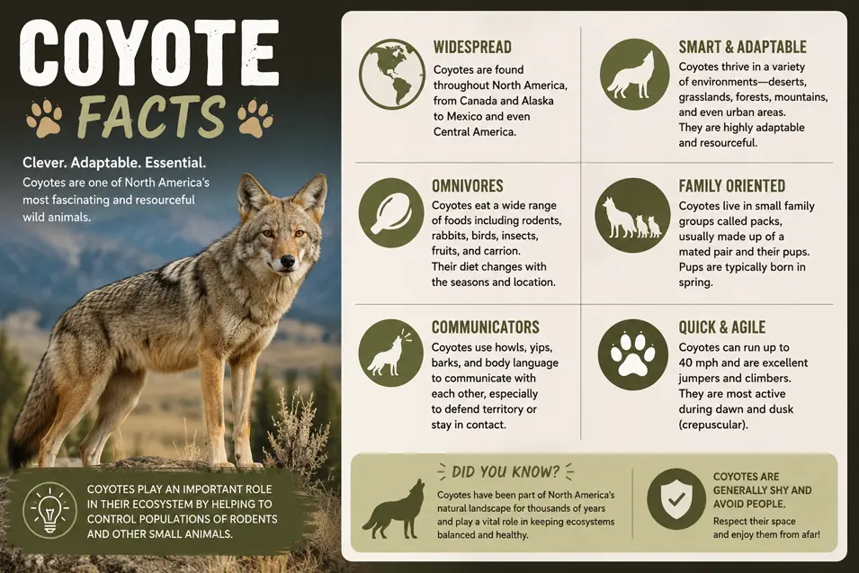 Coyote facts infographic highlighting habitat, diet, behavior, communication, speed, and safety tips alongside a photorealistic North American coyote.