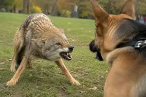 A snarling coyote bares its teeth as it confronts a dog in a park, capturing a tense wildlife encounter with striking photorealistic detail.