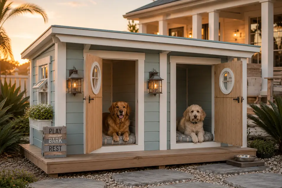 Coastal-inspired two-room dog house with beach cottage charm, lantern lighting, cozy sleeping spaces and a spacious porch at sunset.