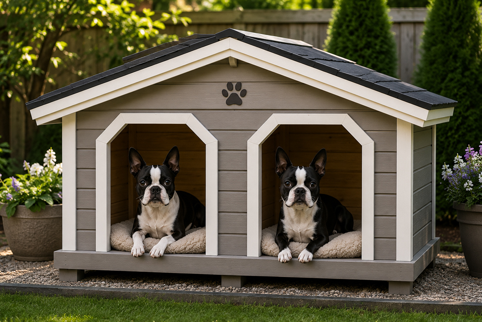 Two Boston Terriers relax in a spacious double dog house with separate entrances, cozy beds, and a shared roof in a beautifully landscaped backyard.