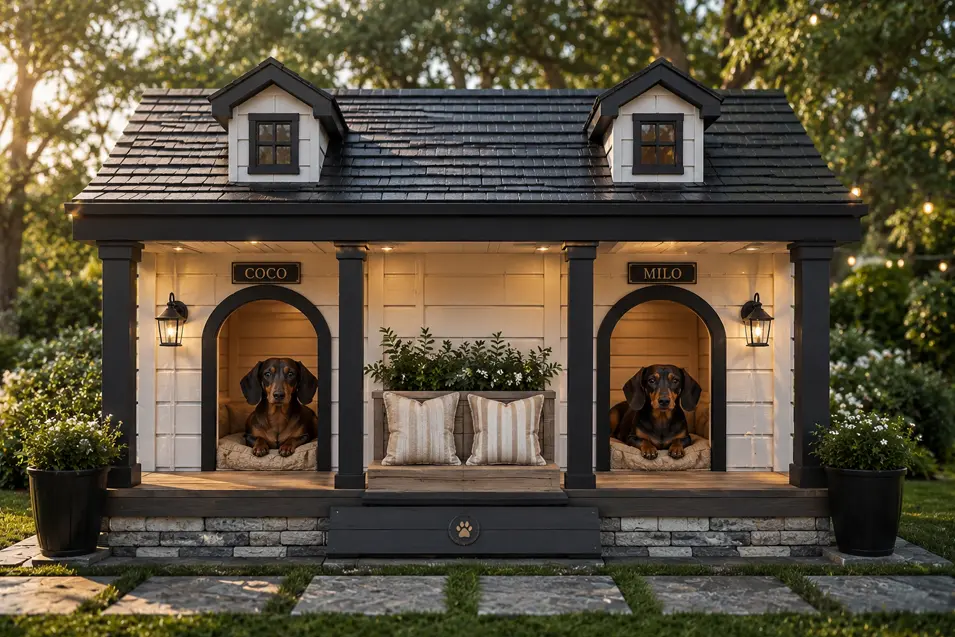 Luxury double dog house with two private suites, a shared covered porch, custom nameplates, and two Dachshunds relaxing in matching upscale comfort.