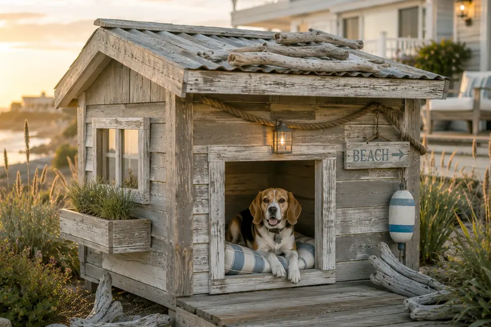 Rustic driftwood coastal dog house with weathered wood and nautical charm, featuring a happy Beagle relaxing by the ocean at sunset.
