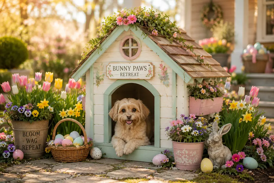 Adorable Easter cottage dog house with pastel flowers, colorful eggs and spring blooms, featuring a happy fluffy puppy in a charming garden.