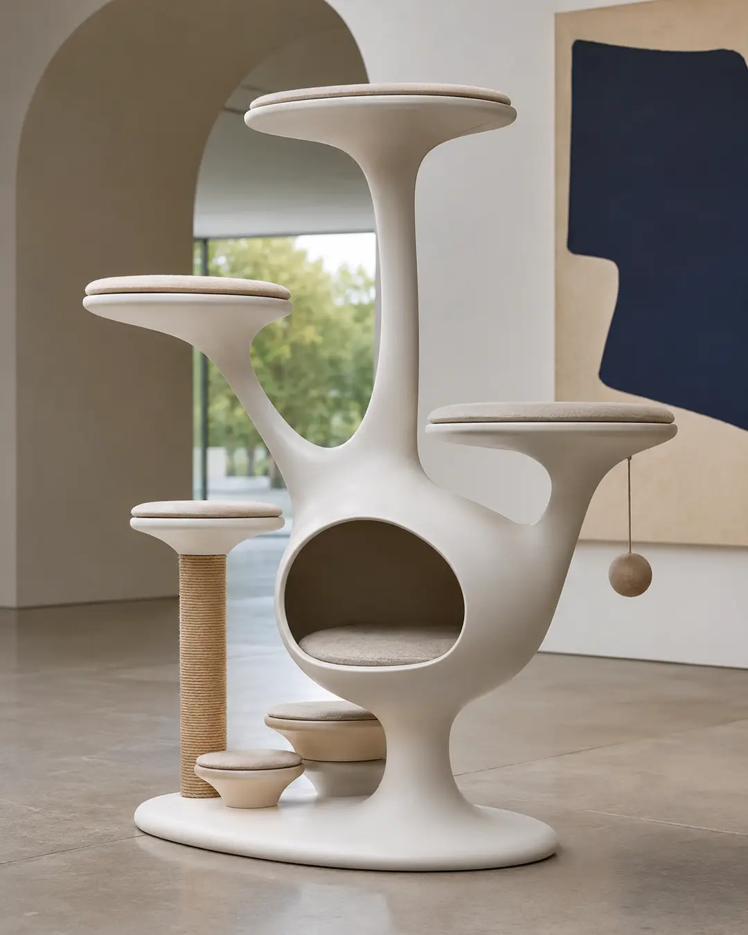 Eero Saarinen-inspired luxury cat tree with graceful pedestal forms, sculptural curves, cozy hideaway, and timeless mid-century modern elegance.