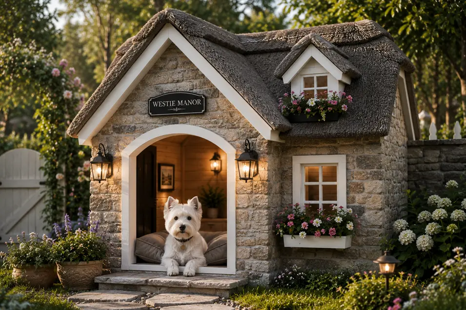 Luxury English cottage dog house with stone walls, thatched roof, flower boxes, and a West Highland White Terrier in a charming garden.