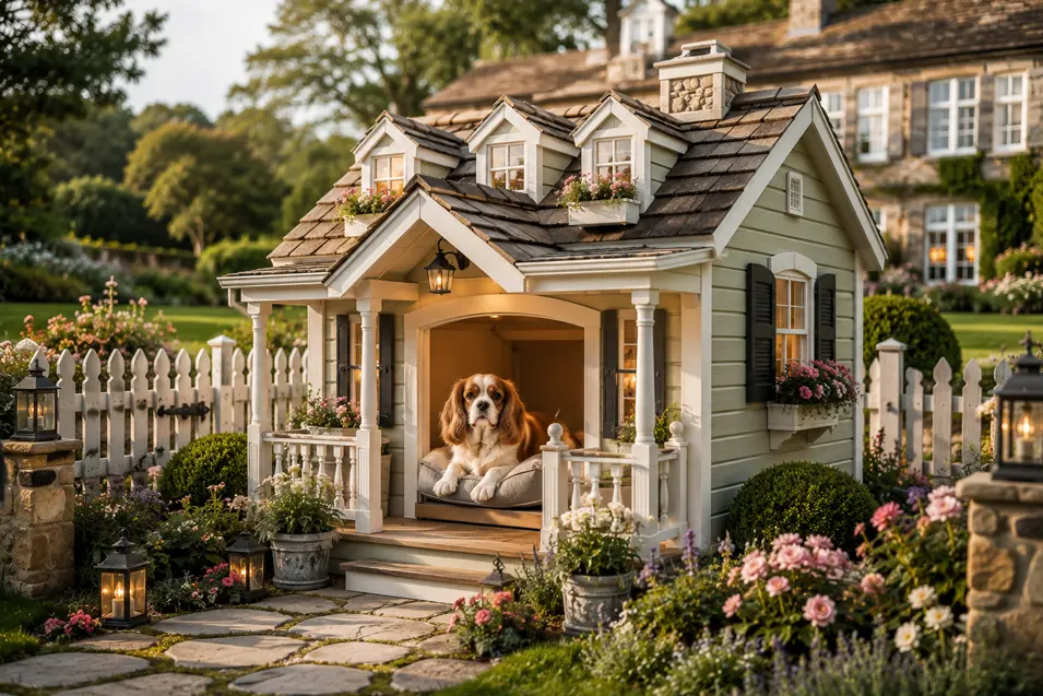 Elegant English country estate dog house with a covered porch, flower boxes and picket fence, featuring a Cavalier King Charles Spaniel on a plush bed.