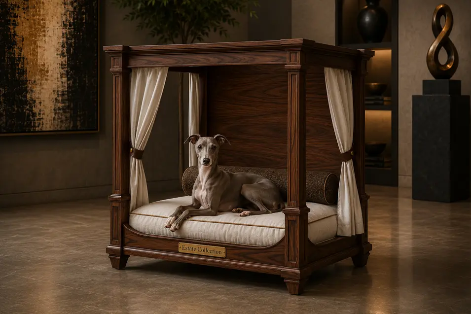 Luxury walnut dog bed with handcrafted geometric inlay, a plush cream cushion and Arts & Crafts-inspired elegance in a gallery-style setting.