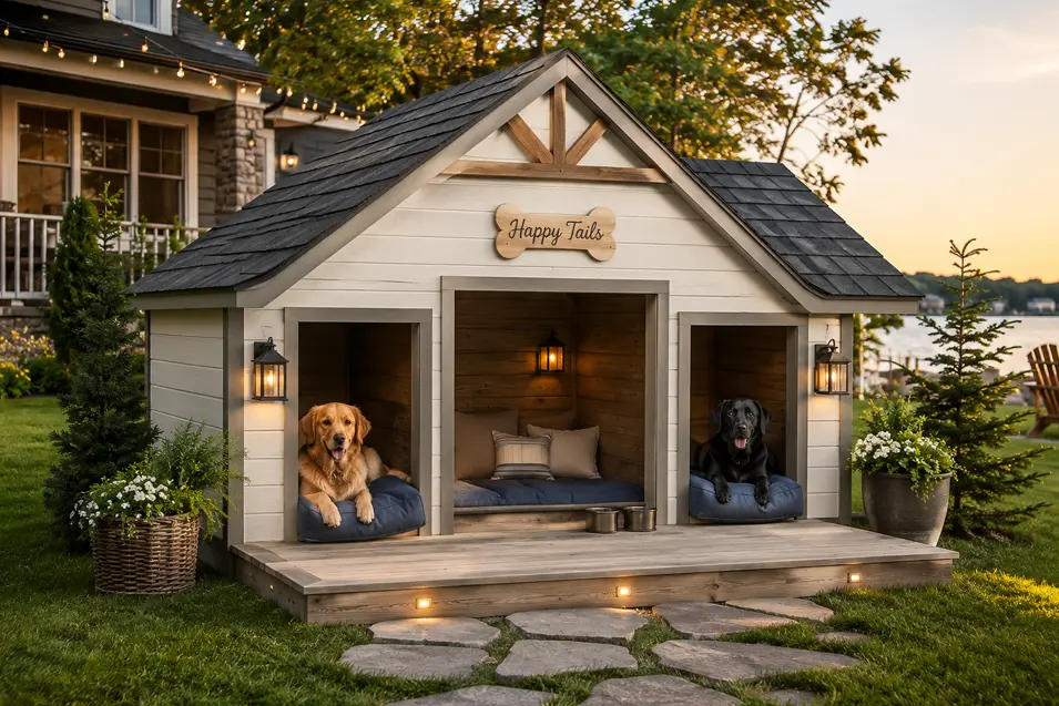 Charming cottage-style dog house with two private bedrooms, a shared lounge, warm lighting, and a scenic lakeside backyard retreat for two dogs.