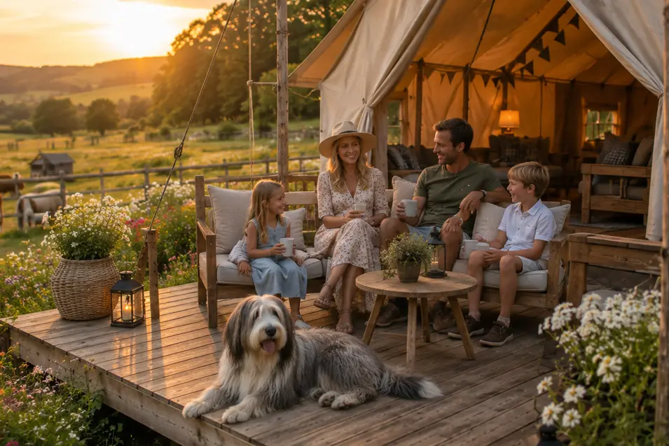 Family enjoying luxury meadow glamping beside wildflowers and farm animals with a Bearded Collie, cozy canvas tent and rolling countryside at sunset.