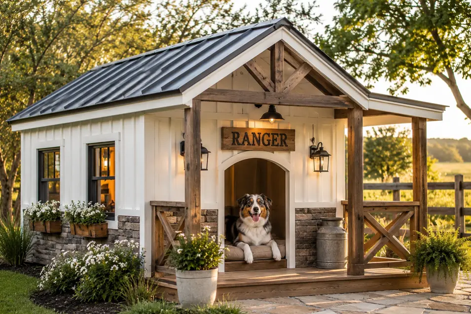 Luxury modern farmhouse dog mansion with board-and-batten siding, metal roof, covered porch, and a happy Australian Shepherd.