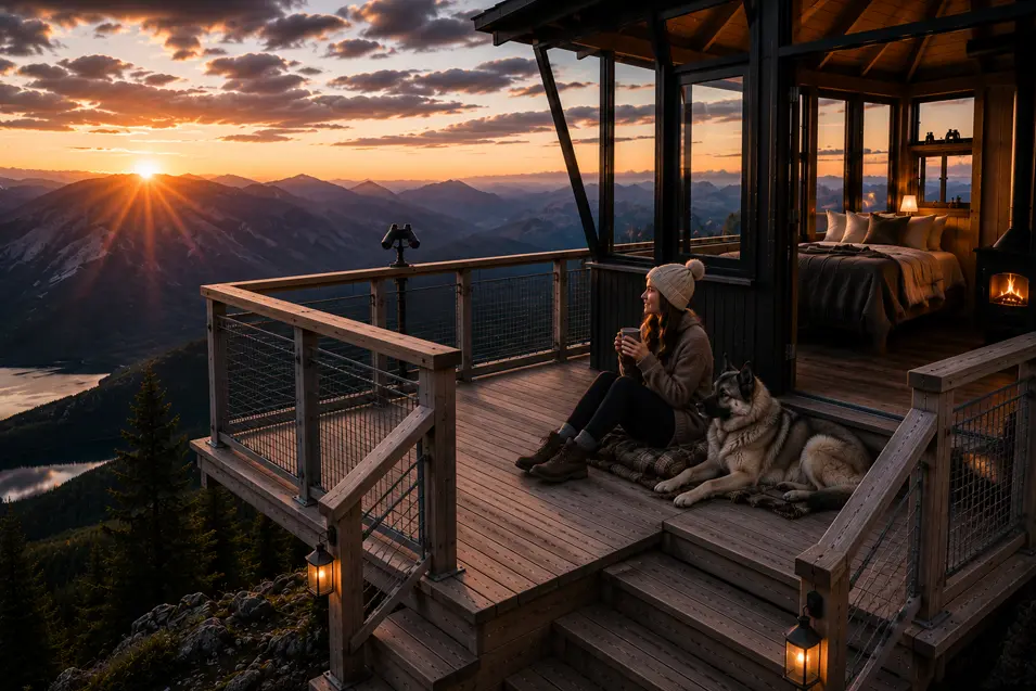 Luxury mountain fire lookout at sunrise, where a woman and her Norwegian Elkhound relax on a scenic deck overlooking endless alpine peaks.