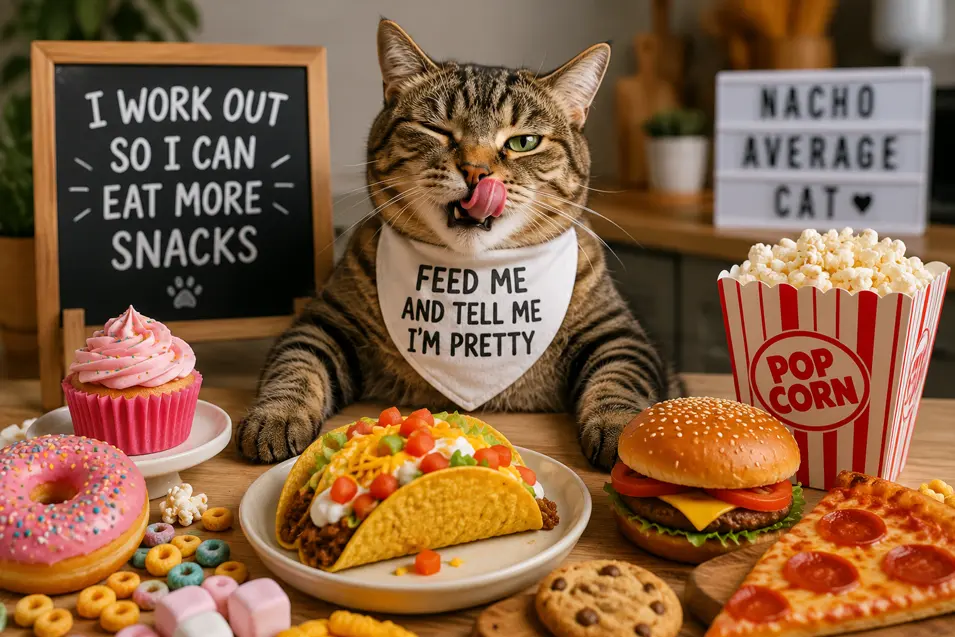 Funny tabby cat surrounded by tacos, pizza, popcorn, and sweets, proudly wearing a "Feed Me and Tell Me I'm Pretty" bandana with a playful wink.