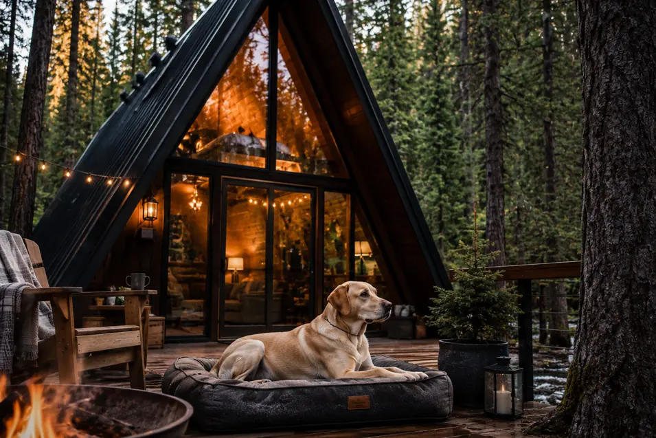 Luxury forest A-frame glamping cabin with floor-to-ceiling windows, cozy fire pit and a Labrador Retriever relaxing beneath towering pine trees.