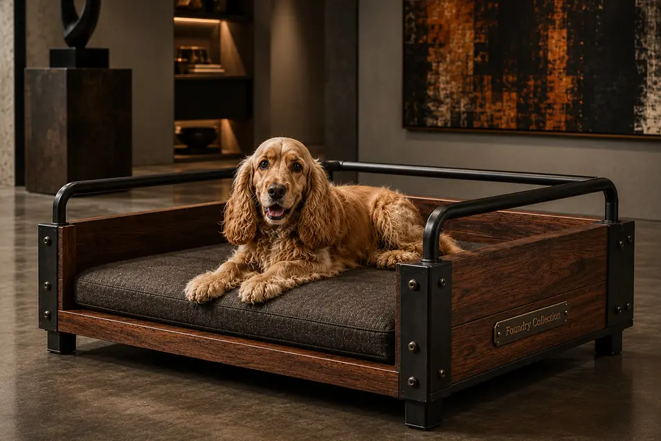 Luxury industrial-style walnut dog bed with black steel rails, a plush charcoal cushion and premium craftsmanship in a modern gallery-inspired space.