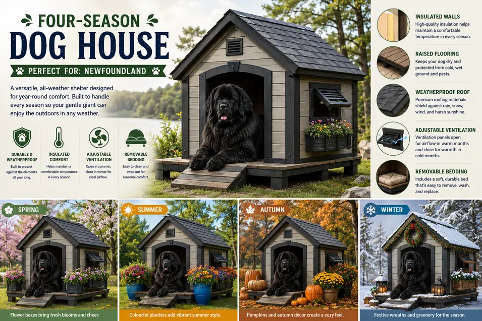 Four-season insulated dog house with a Newfoundland, shown in spring, summer, autumn and winter, featuring raised flooring and weatherproof construction.