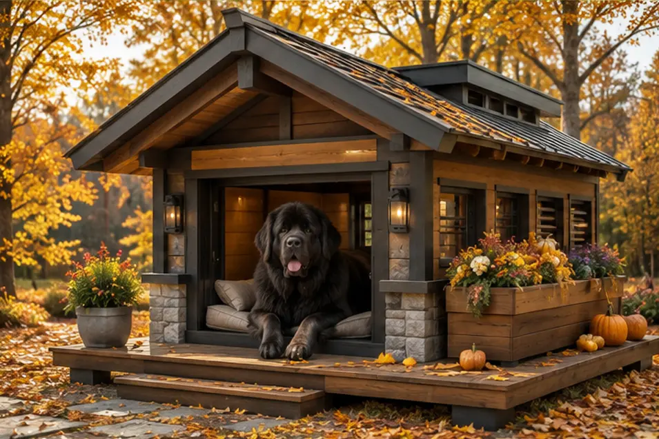 Luxury four-season dog house with insulated comfort, raised deck, weatherproof roof, cozy bedding, and a majestic Newfoundland in autumn.