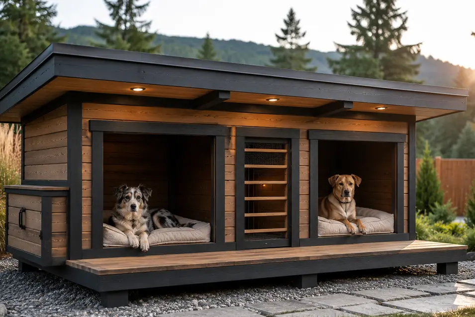 Modern insulated two-dog house with raised flooring, weatherproof roof, adjustable ventilation, and cozy removable beds for year-round comfort.
