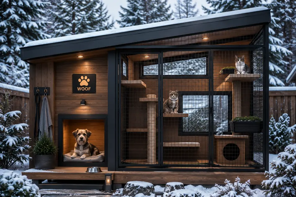 Insulated four-season pet house with a cozy dog lodge, enclosed catio, observation windows and weatherproof design built for year-round Canadian climates.